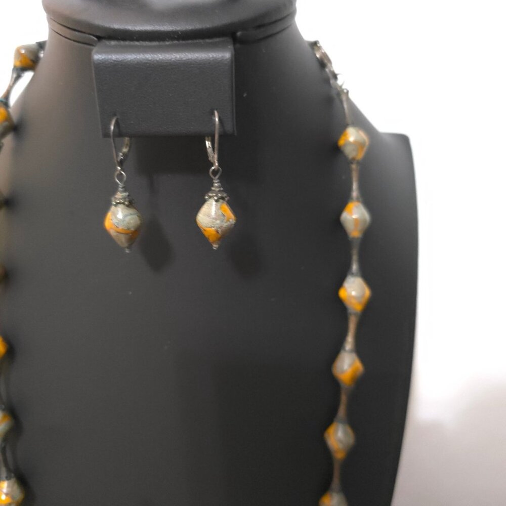 Handmade Lampwork Bead Necklace Earrings Set Orange & Gray 925 Sterling Earrings